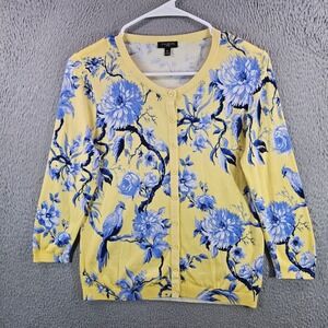 NEW Talbots Petite Cardigan Sweater Womens Medium Yellow Floral Bird 3/4 Sleeve